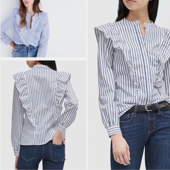 *NWOT* BANANA REPUBLIC Riley-Fit Ruffle V-Bib Buttondown Shirt, Blue Stripe — 10 - Picture 1 of 8